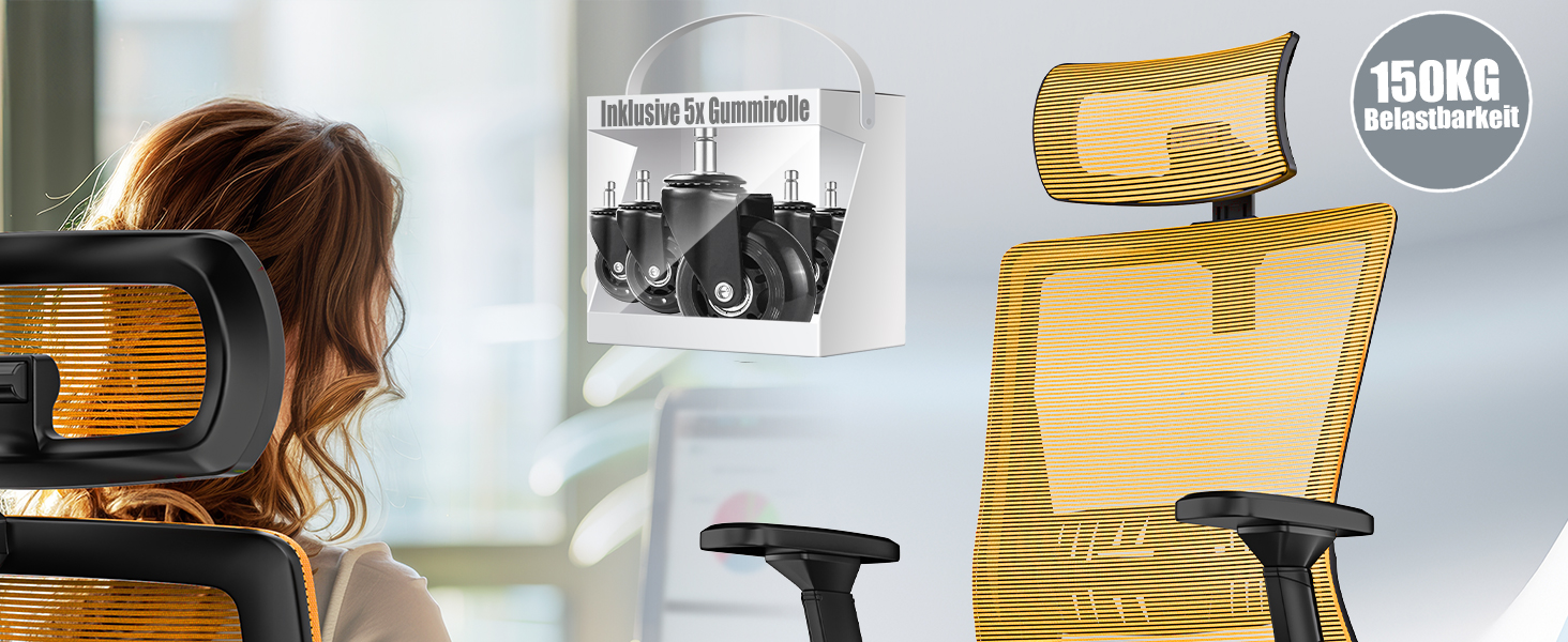 Офісне крісло KESSER® ергономічне з регульованими підлокітниками, підтримкою попереку та підголівником | Крісло для офісу з функцією гойдання до 125° та 5 колесами | Оранжево-чорний колір