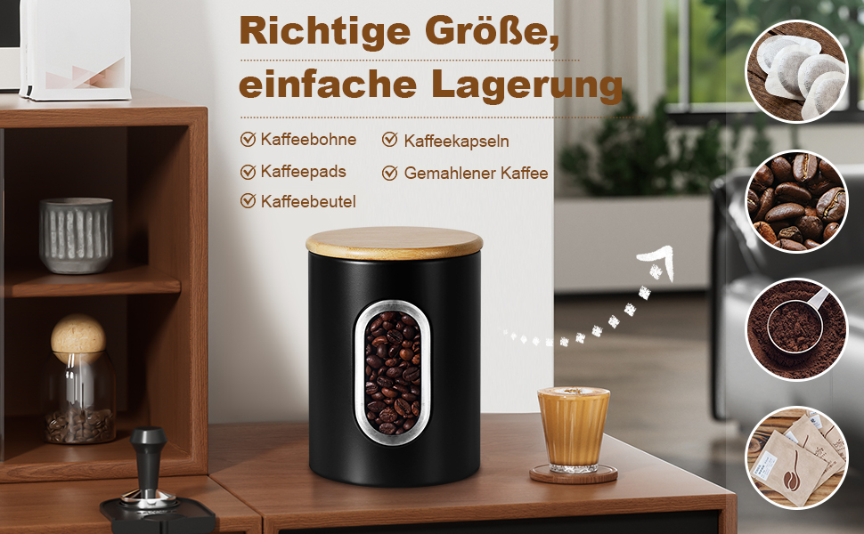 Герметична кавова банка Gmisun, 500г / 1,5л: для кавових зерен, меленої кави, капсул та паді, чорного кольору