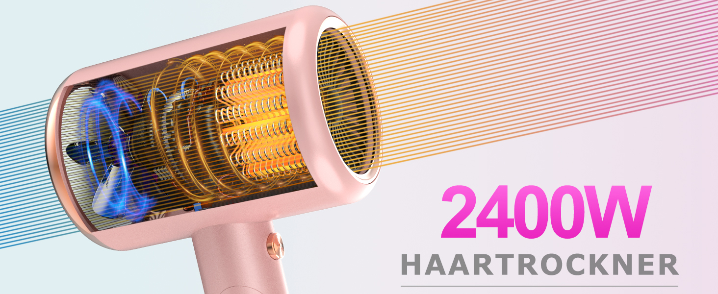 Фен для волосся іонний Haartrockner 2400W з дифузором та насадками, складаний дорожній фен з контролем температури, рожевий