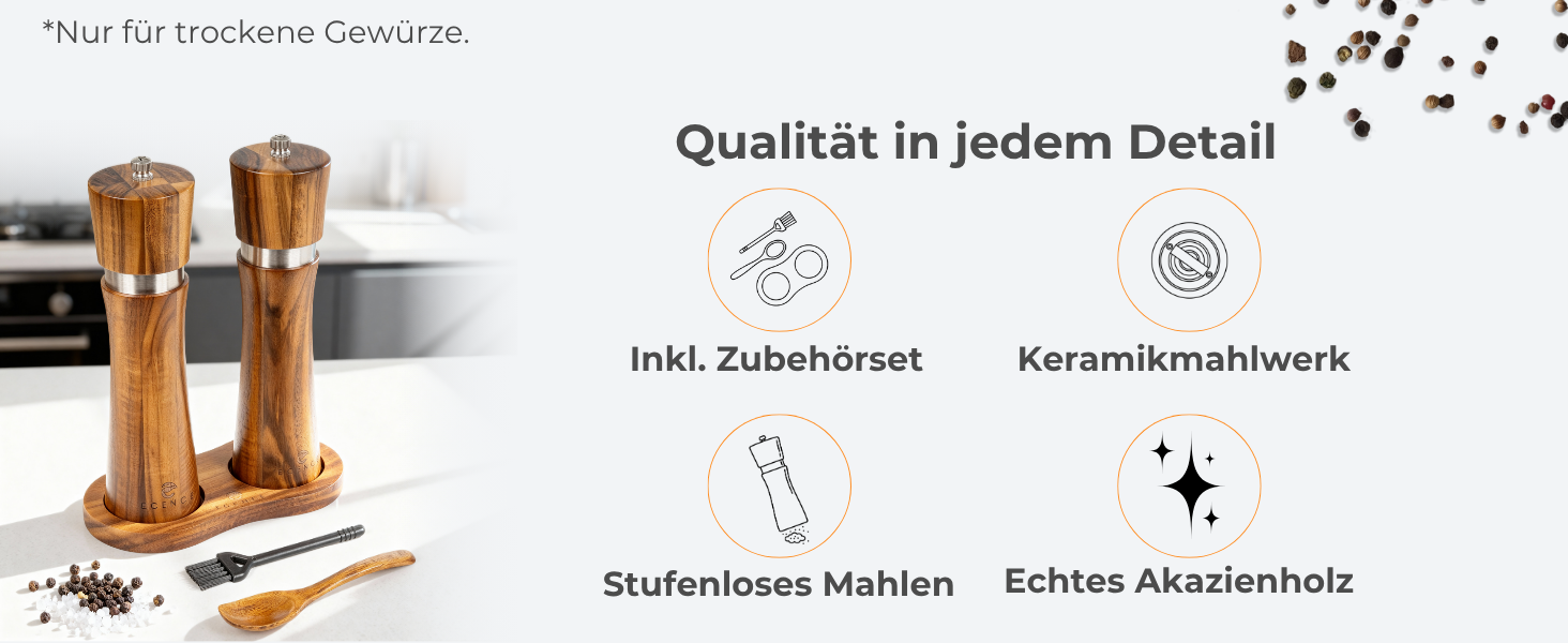 Набір з 2 мельниць для солі та перцю Ecence Holz з акації з керамічним механізмом, пензлик та підставки в комплекті