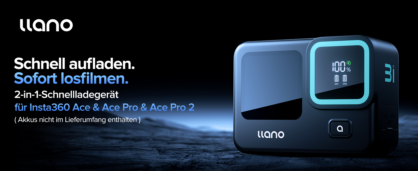 Зарядний пристрій 3-в-1 Llano з подвійним акумулятором для Insta360 Ace Pro 2 / Ace Pro/Ace Action, 30W PD та вбудованим акумулятором 12800mAh, підтримка 2 TF-карт, цифровий дисплей