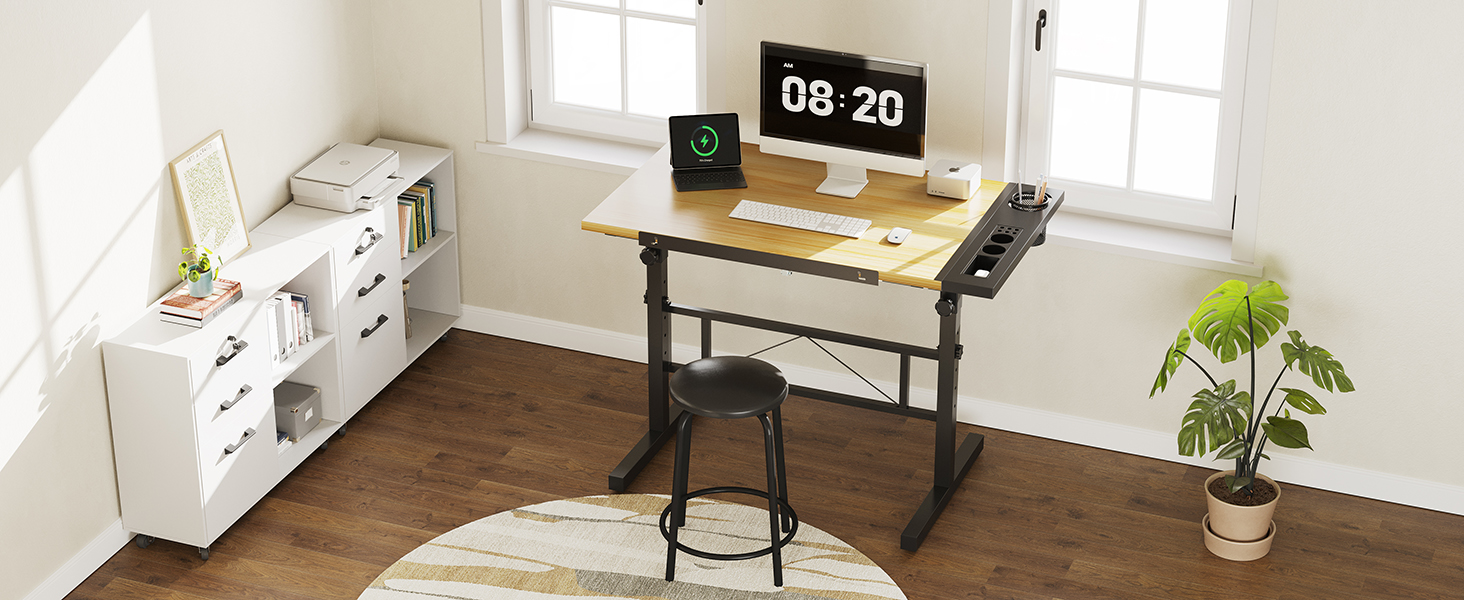 Adjustable Drafting Table with Tilt - 0-60° - Drawing Table, Computer Desk with Stool & Storage Cabinets - Wood Finish