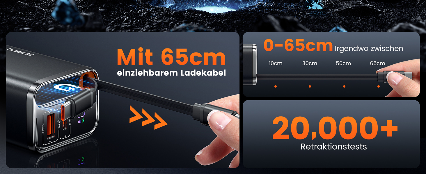 Зарядний пристрій USB-C toocki GaN 67W з LED дисплеєм та вбудованим кабелем для MacBook, iPhone 17 Pro Max, Samsung Galaxy S24 Ultra/S23, Nintendo Switch, ноутбуків та смартфонів - Чорний