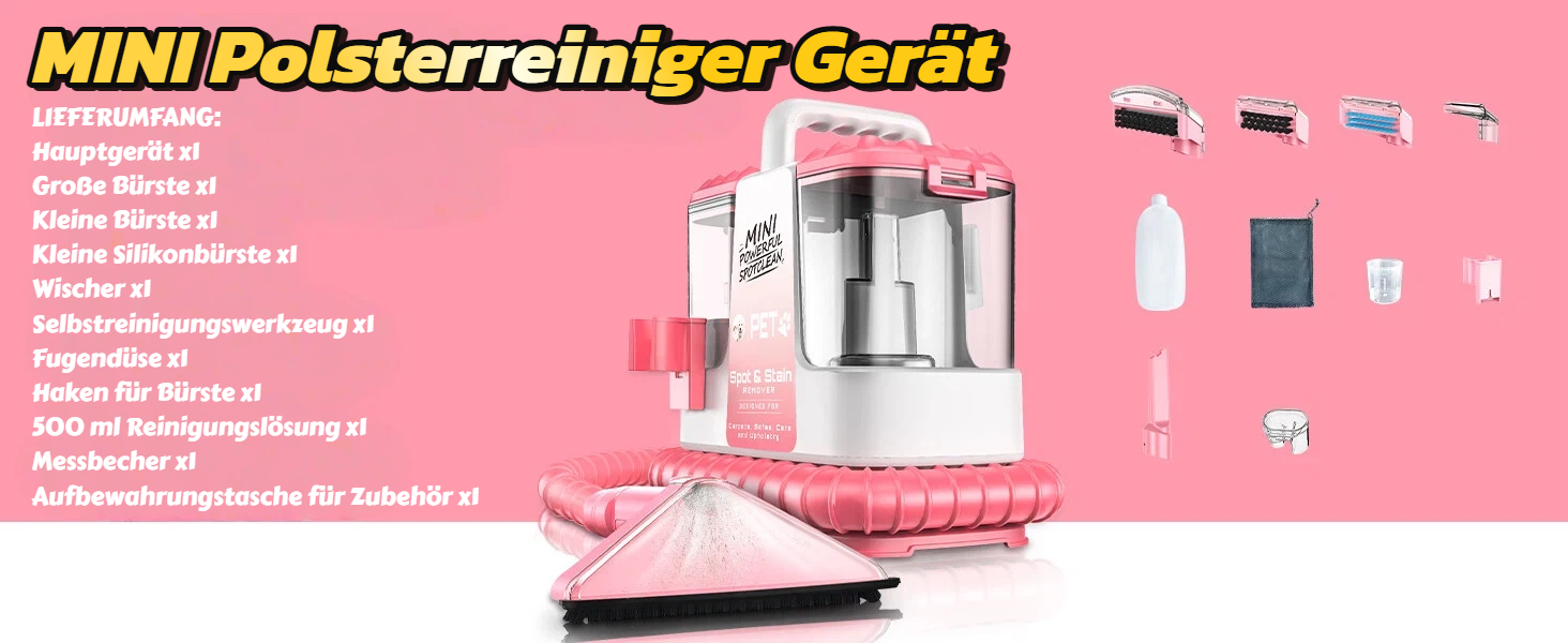 Портативний мийник для м'яких меблів 600W, 16Kpa, з розчином 500мл та 5 насадками. Для диванів, килимів, авто та сходин. Легкий та компактний, рожевий колір