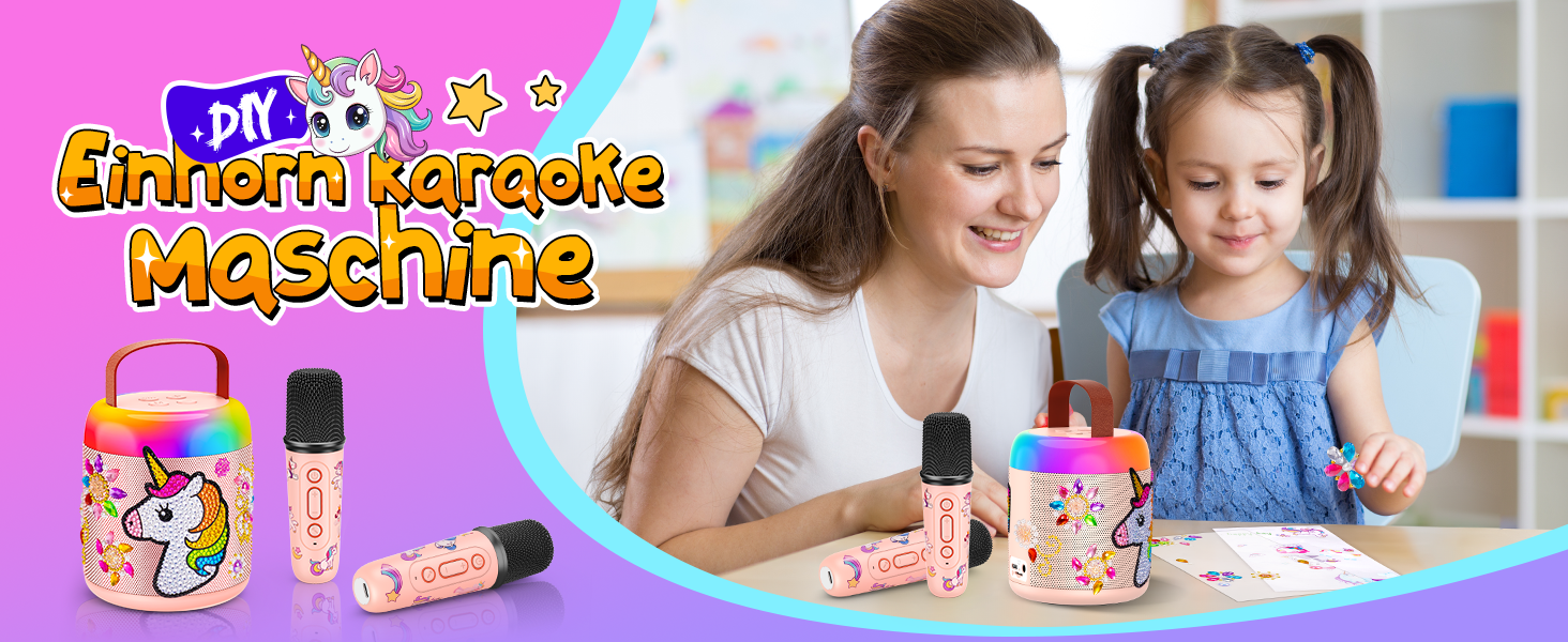 Караоке машина для дітей з 2 мікрофонами, рожева, єдиноріг, 3-12 років