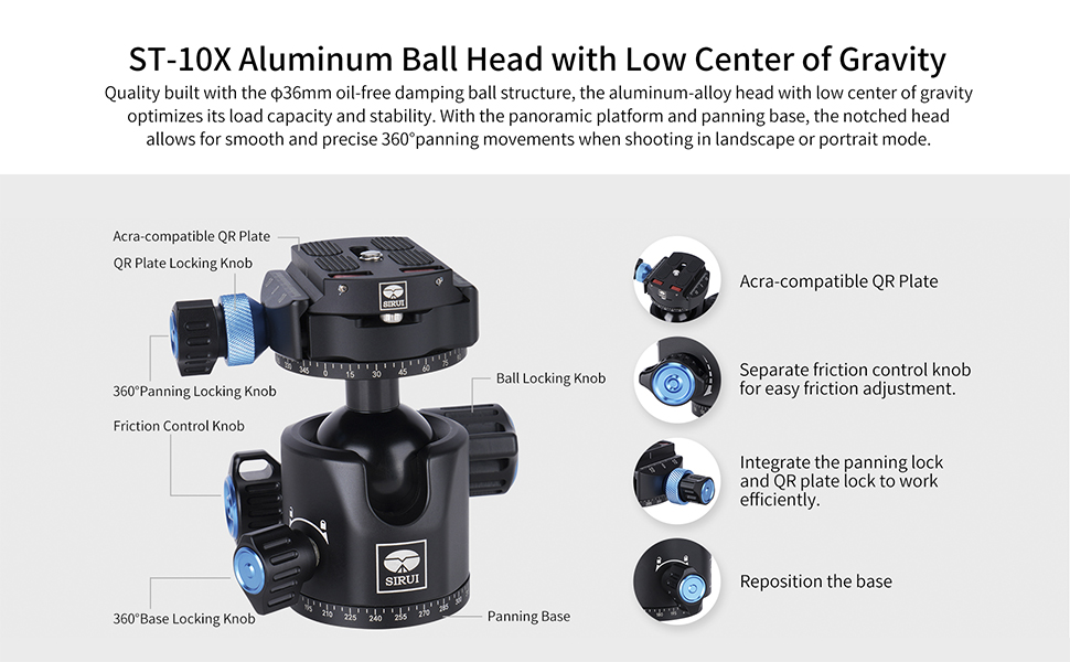 Штатив SIRUI ST-10X з вуглецевого волокна, з відеоголовою для панорамної зйомки, трикутною центральною колоною, для DSLR-камер, 4 секції, висота до 166 см, навантаження до 3 кг