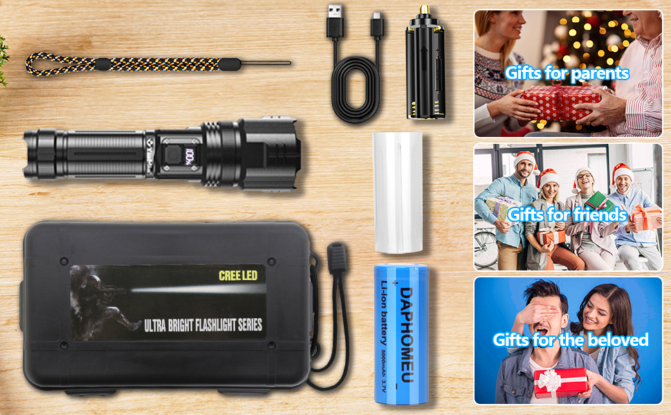 Ліхтарик Daphomeu LED акумуляторний, 500000 люмен, надяскравий, тактичний, зум, водонепроникний, 5 режимів, для кемпінгу, туризму та екстрених ситуацій