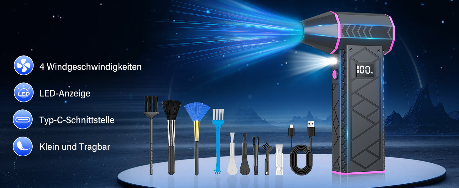 Електричний пилосос-фен, 10000mAh, LCD, міні-фен з ліхтариком для відпочинку на природі, 180000RPM, 4-та ступінь сили, чорний