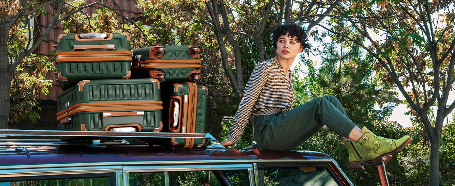 Набір валіз Melalenia 7 предметів з жорстким корпусом, легкий, на 4 колесах з TSA-замком. Включає косметичку, сумку для подорожей та кулькову сумку (зелений, 53см, набір ручної поклажі 4 предмети)