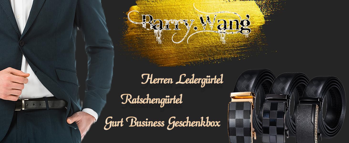 Чоловічий шкіряний ремінь Barry.Wang чорного кольору з автоматичною пряжкою (3 позиції), регульований бізнес-пояс, довжина 130 см, у подарунковій коробці