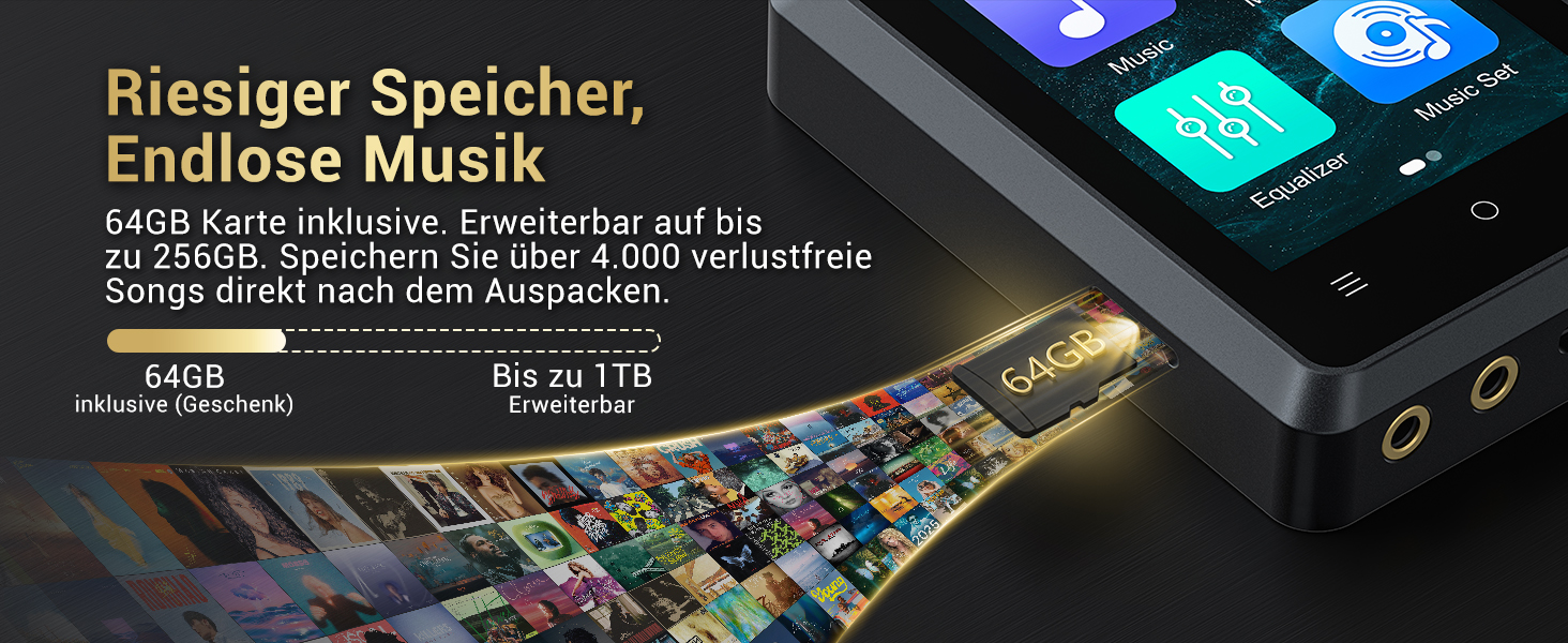 MP3 плеєр Hi-Res 64GB з Bluetooth 5.3, DSD DAC, підтримкою FLAC, 2.8