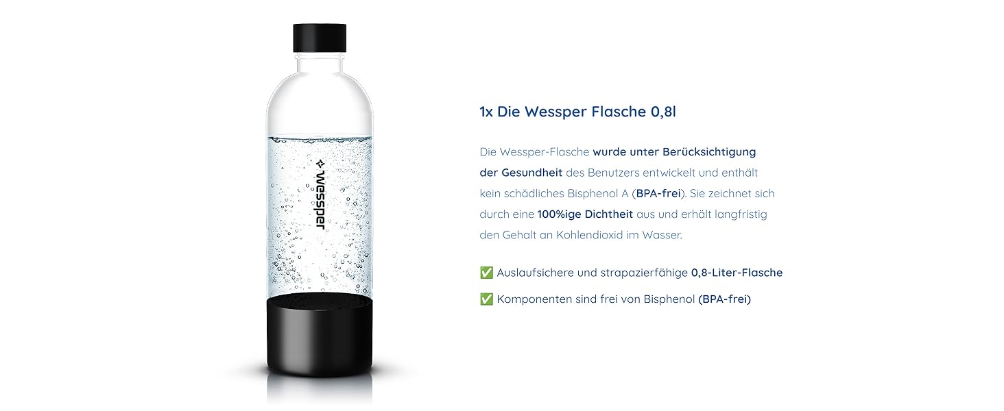 Wessper Машина для газування води, комплект 800 мл, PET-пляшки BPA-Free, 60л CO2 балон | Професійний карбонізатор води | Білий (Чорний, пляшка)