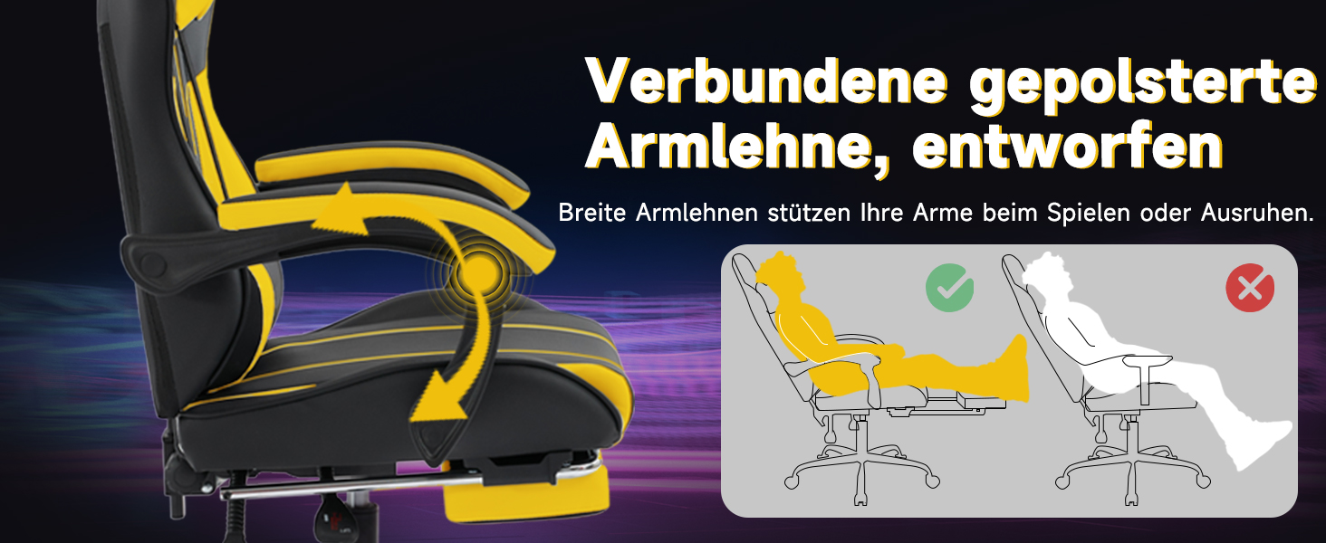 Ігрове крісло SUKIDA Ergonomic Gaming Chair з підніжкою та підтримкою попереку, комп'ютерне офісне крісло (Чорно-жовте)
