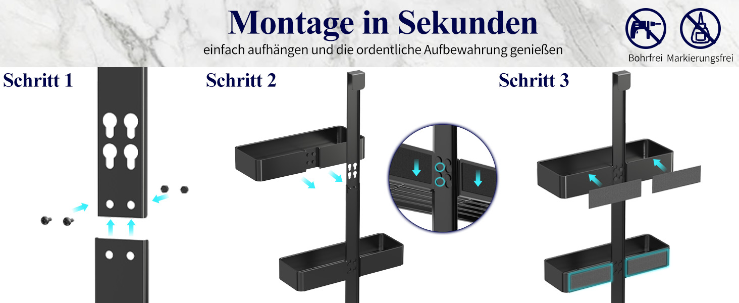 Дзеркальна поличка для душу Kitsure без свердління - 2 яруси, нержавіюча сталь, чорна