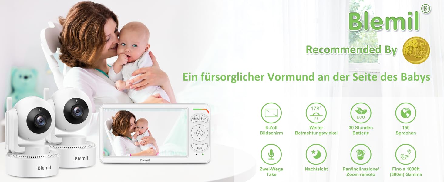 Відеоняня Blemil BL9064-2 з камерою, 6-дюймовий IPS дисплей, акумулятор 4000 mAh, ECO-режим, авто-нічне бачення, 2-сторонній аудіо, радіус дії 300 м, виявлення плачу