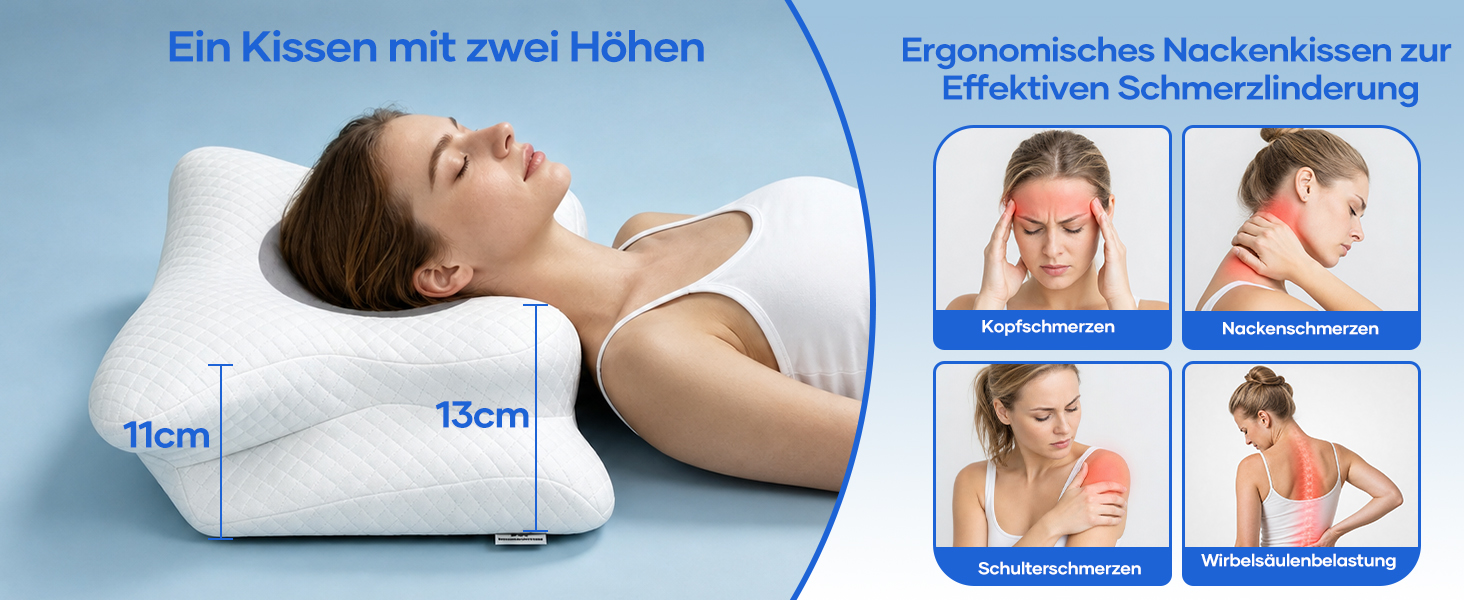 Ергономічна ортопедична подушка для шиї та голови з ефектом пам'яті (Memory Foam), 2-в-1, зі знімним чохлом, сіра, 62 x 39 x 11/13 см