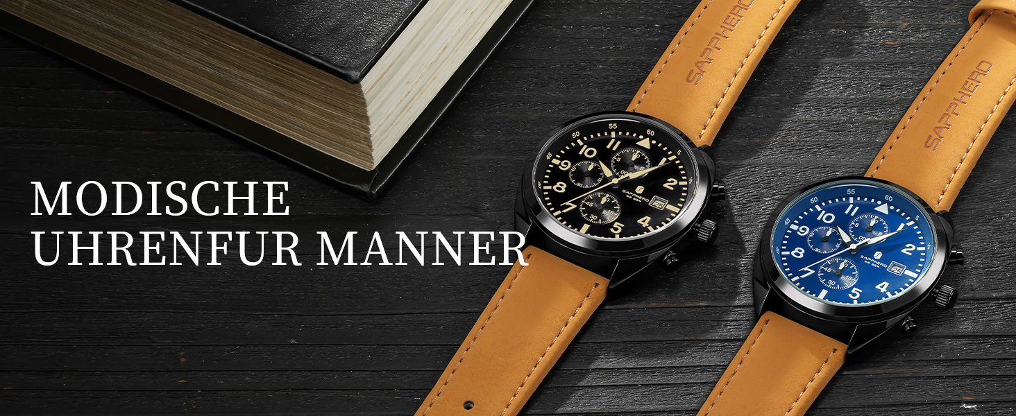 Чоловічий годинник SAPPHERO: кварцовий, аналоговий, з шкіряним ремінцем. Класичний бізнес-годинник, водостійкий (50 м), з арабськими цифрами, хронограф, чорний колір. Модель 2215