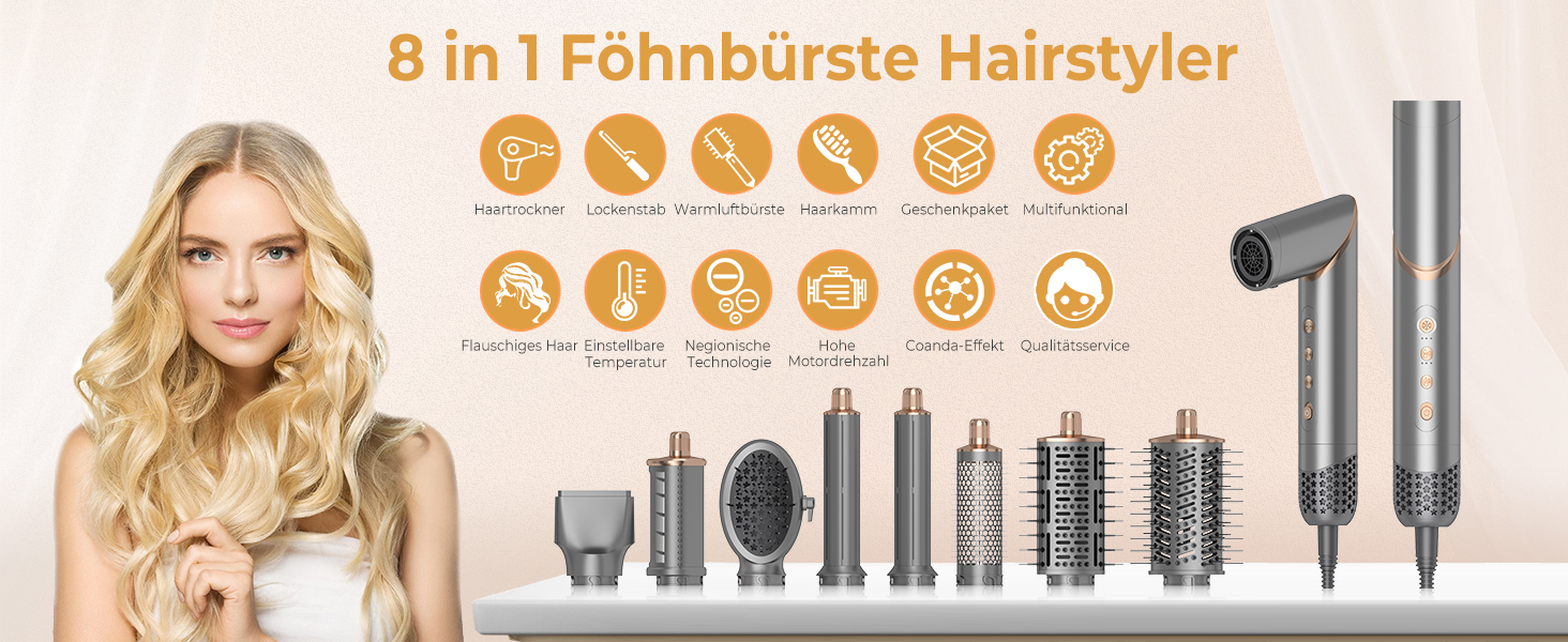 UKLISS 8-в-1 Pro Airstyler: Фен-щітка, локони, стайлер для волосся, 1400W, 110,000RPM, подарунок для жінок