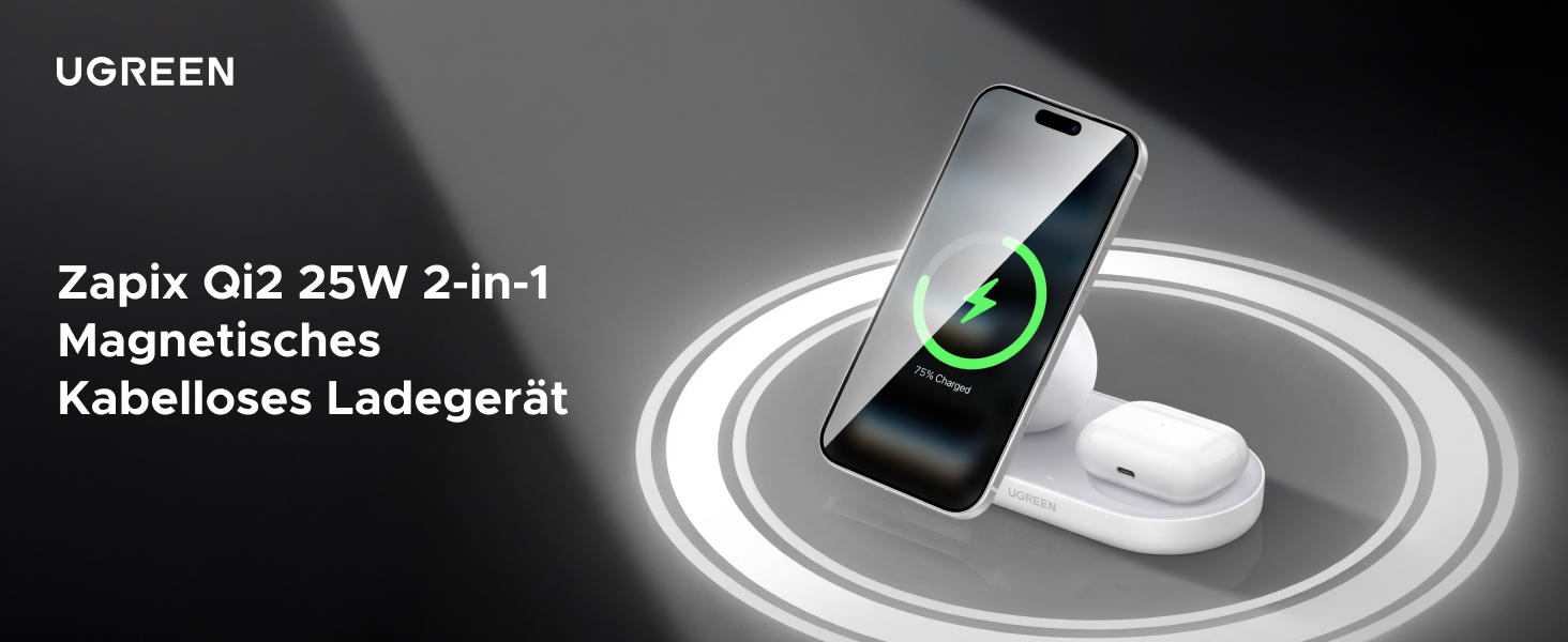Бездротовий магнітний зарядний пристрій 2-в-1 UGREEN Zapix Qi2 25W, сертифікований, білий