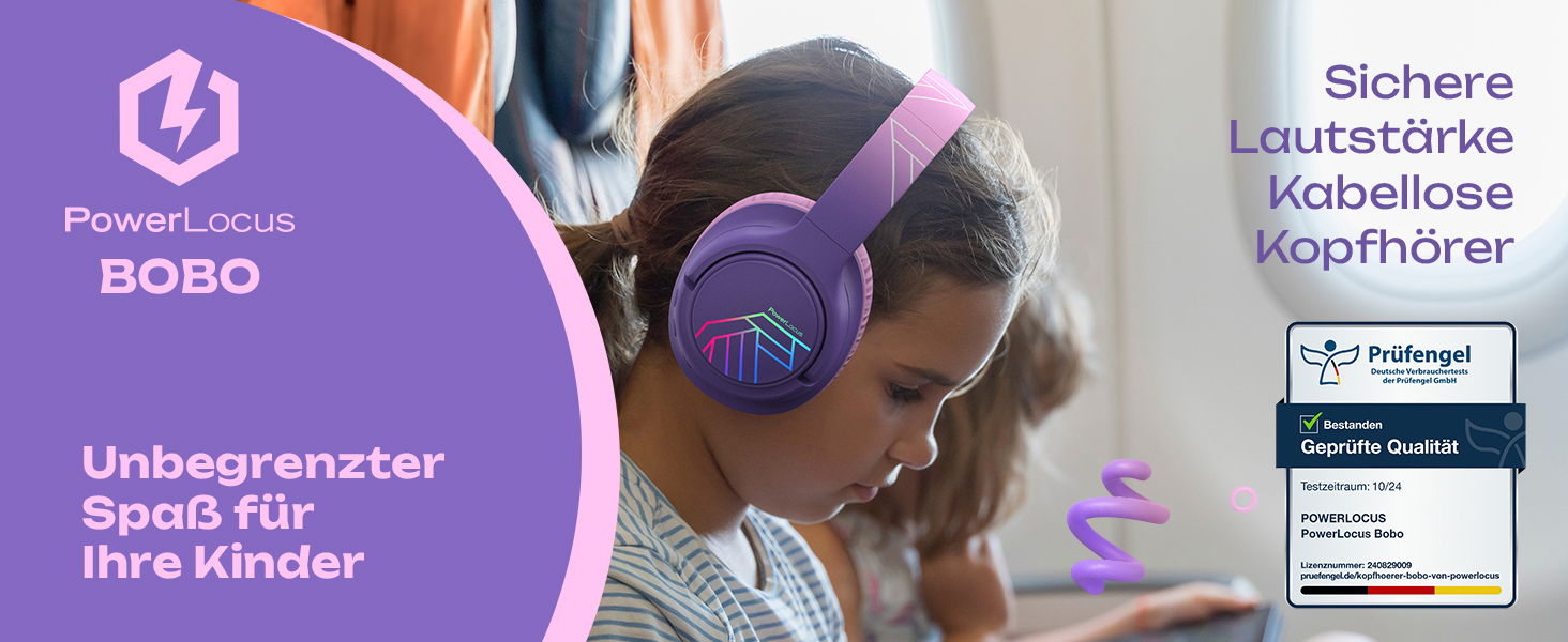 Дитячі навушники PowerLocus Bobo Bluetooth з обмеженням гучності, LED-підсвічуванням, складні, з мікрофоном (фіолетовий)