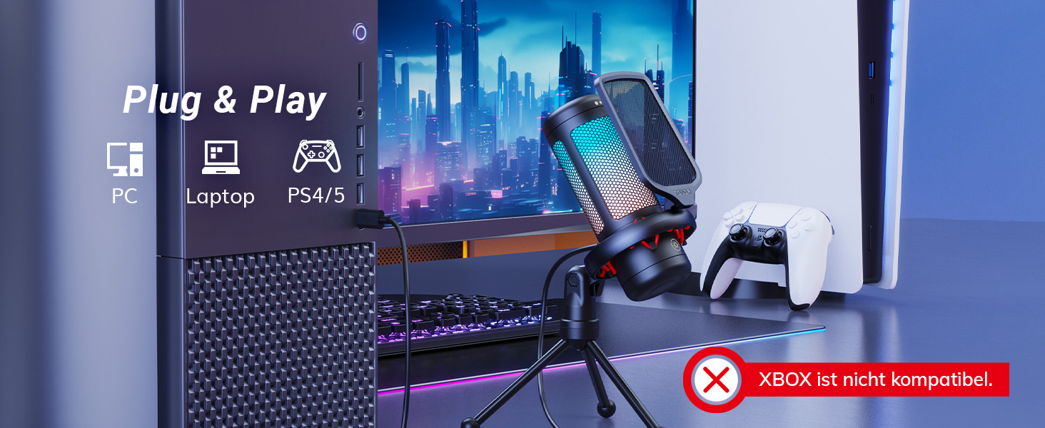 USB Мікрофон TONOR TC310 для Комп'ютера, PS4/5: Конденсаторний мікрофон для Стрімінгу з RGB підсвіткою та тримачем