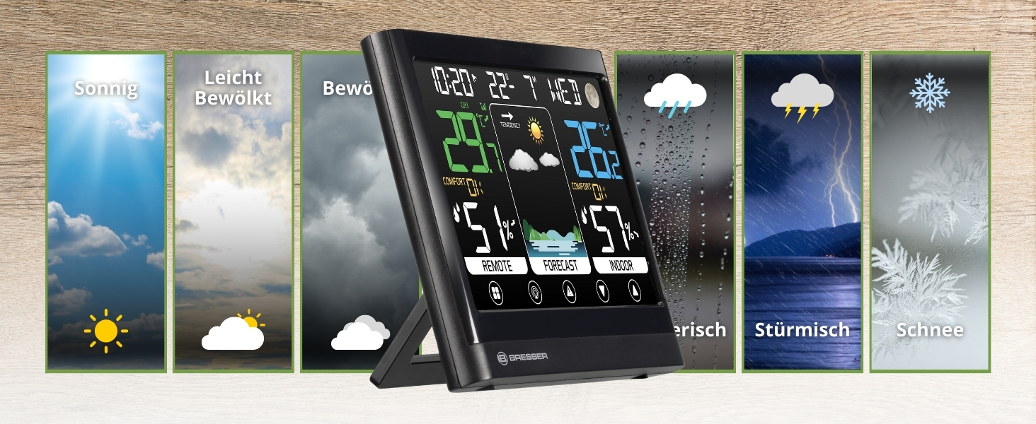 Метеостанція Bresser MeteoTemp BF з сенсорним дисплеєм, зовнішнім датчиком, прогнозом погоди, індикатором клімату, DCF-годинником та будильником