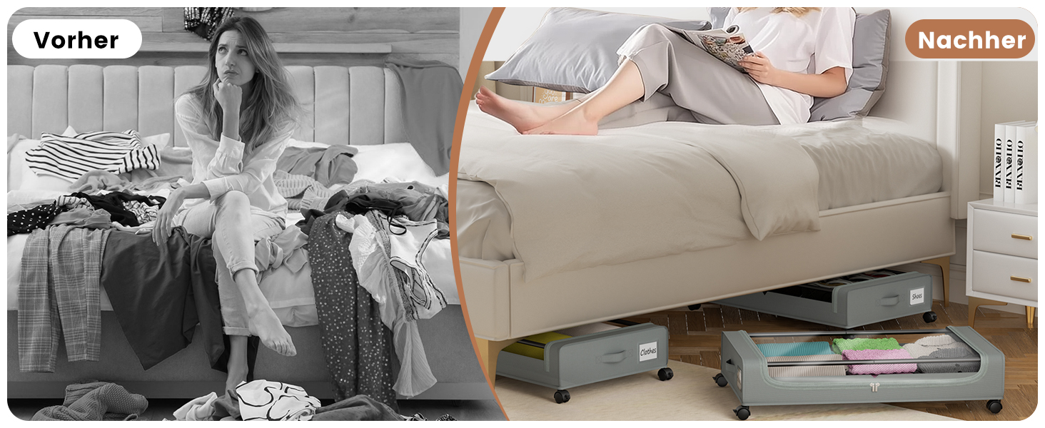 Коробки для зберігання під ліжко PHINOX з роликами, сірі, 2 шт (74x42x16 см) - коробки-органайзери для одягу, взуття, іграшок з прозорою кришкою