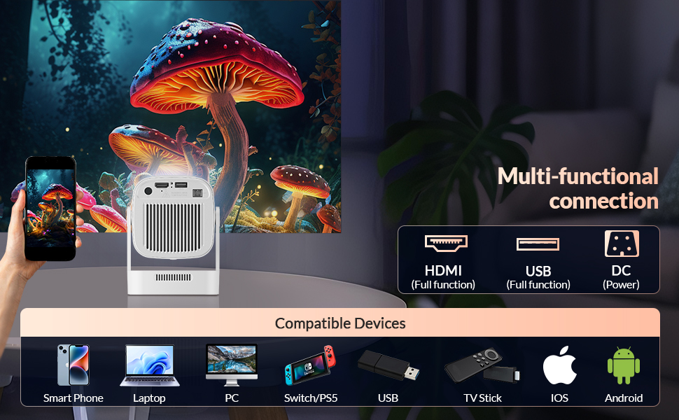 Міні проєктор Smart Beamer 4K 1080P з Android 11, WiFi 6, BT5.0, 180° поворотний, для дому та вулиці, сумісний з Android/iPhone/PC/Mac/Switch, білий (чорний + білий)