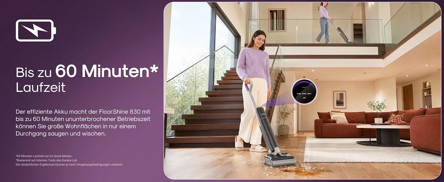 Акумуляторний миючий пилосос EUREKA FloorShine 830 для твердих підлог, 24000 Па, з функцією самоочищення та сушіння гарячим повітрям 75°C, Anti-Tangle 3.0, 60 хв роботи