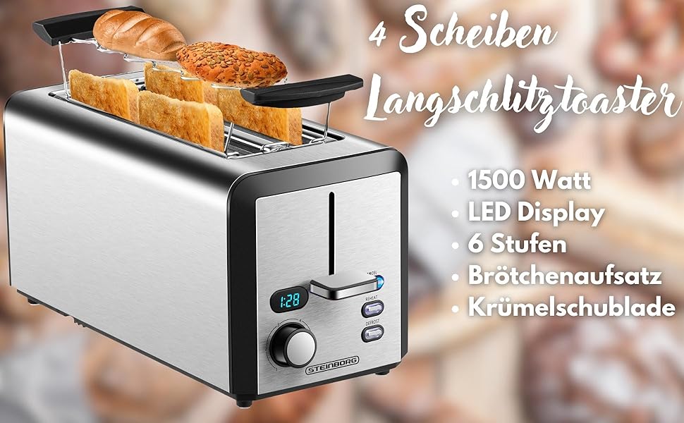 Тостер Langschlitz з 4-ма слотами | XXL, 1500 Вт, регулятор 6-ти рівнів підсмажування, підставка для бургерів, функція розморожування, крихтозбірник, нержавіюча сталь, LED дисплей