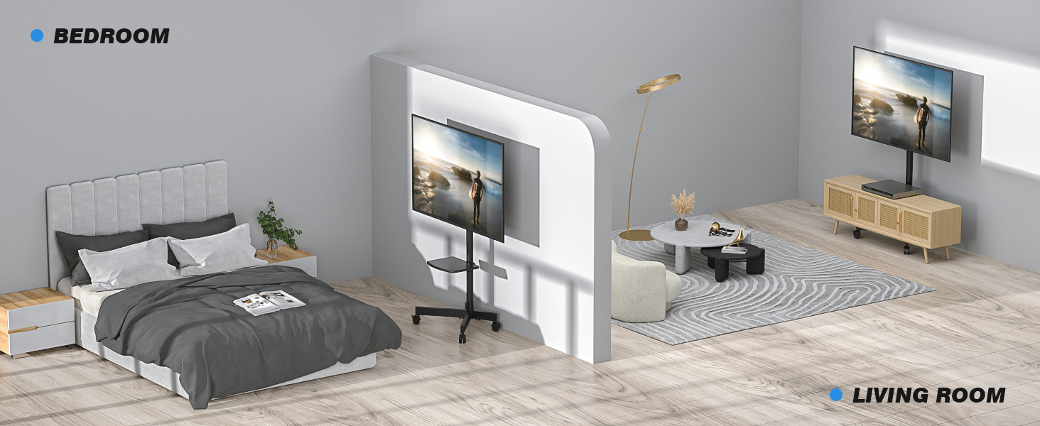 Rolling TV Stand with Wheels - Adjustable Height Mobile TV Trolley for 27-60 inch TVs, VESA 400x400, 40kg Max Weight, White (Black)