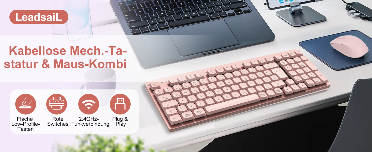 Leadsail FA98 Бездротова Механічна Клавіатура та Миша, 98 Клавіш, QWERTY, Рожевий Колір, 1600 DPI для PC, MacOS, Windows