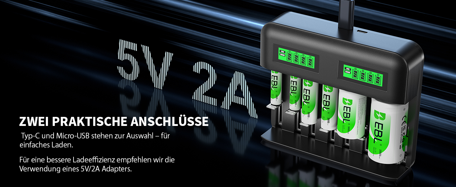 Зарядний пристрій EBL для акумуляторів AA AAA C D NI-MH, Type-C, LCD дисплей, швидка зарядка