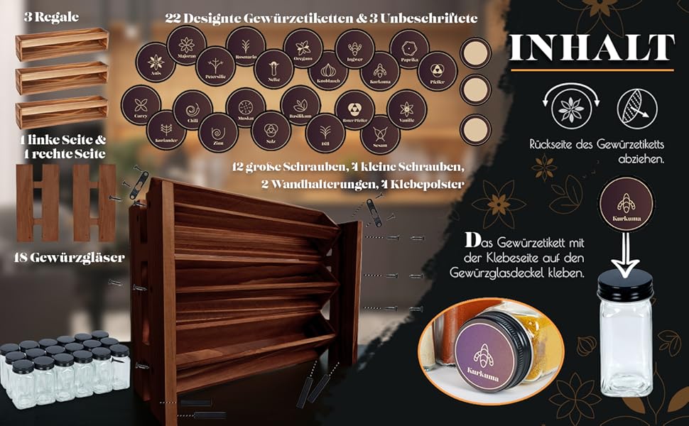 Elegant dark spice rack, wood, standing & wall mounted. 18 SPICE JARS, 25 LABELS. Spice organizer, spice rack, kitchen shelf, wood, vintage. Spice rack - spice rack system hanging - spice storage