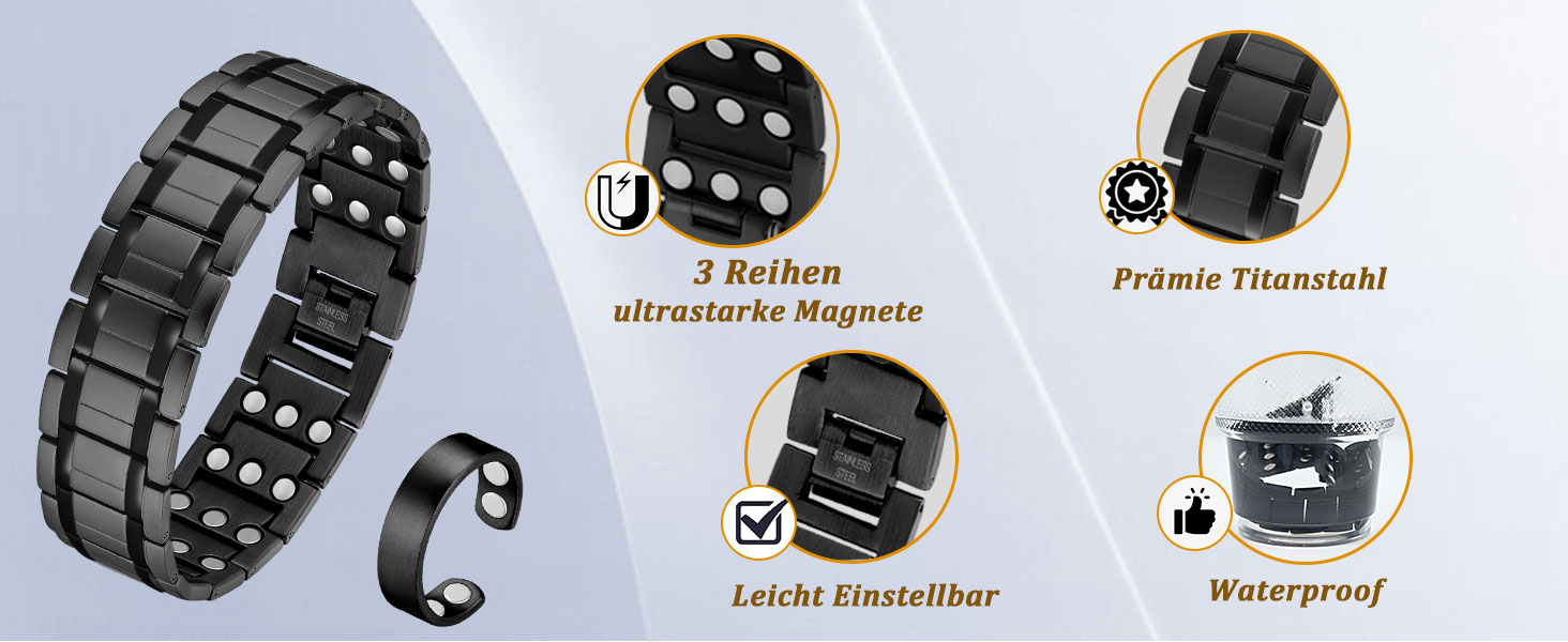 Браслет для лімфодренажу з магнітами для чоловіків, титан, регульований, з інструментом для зняття та подарунковою коробкою (Чорний) (3 ряди сірого кольору)