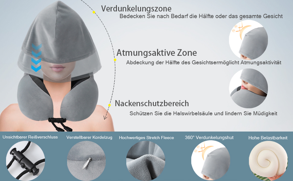 Подушка для шиї Memory Foam | Подушка для подорожей в літак з 95% захистом від світла, регульована, для офісу та сну на боці (Темно-синій)