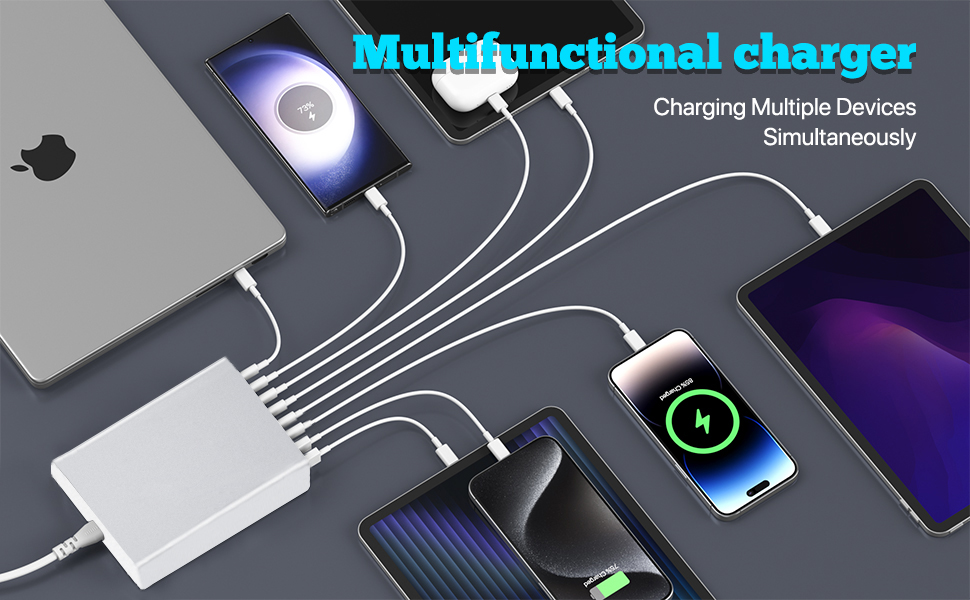 Зарядний пристрій USB-C 210W, багатопортовий (6x USB-C + 2x USB-A) PD 3.0 для iPhone, MacBook, Samsung Galaxy, планшетів - сріблястий