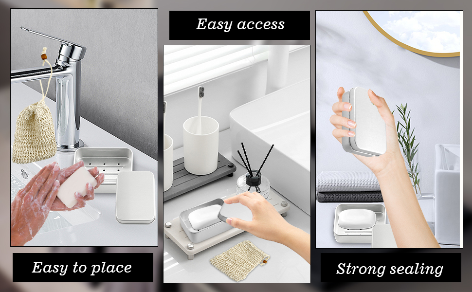 Алюмінієва мильниця з кришкою, підставка для мила та мішечок для мила з сизалю, нержавіюча сталь, для подорожей, підходить для твердого мила