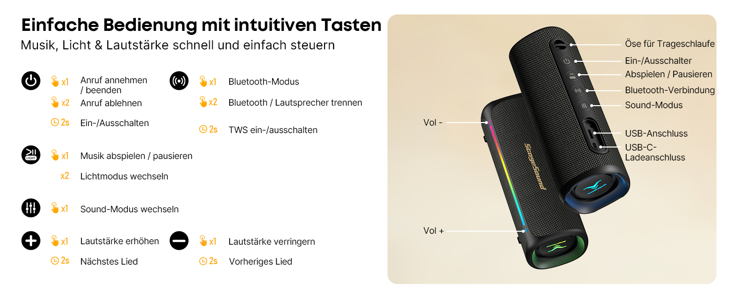 Портативна Bluetooth колонка StageSound 40W з басами, RGB підсвіткою, IP67 водонепроникна, TWS стерео, 12 год автономії для подорожей, кемпінгу, вечірок