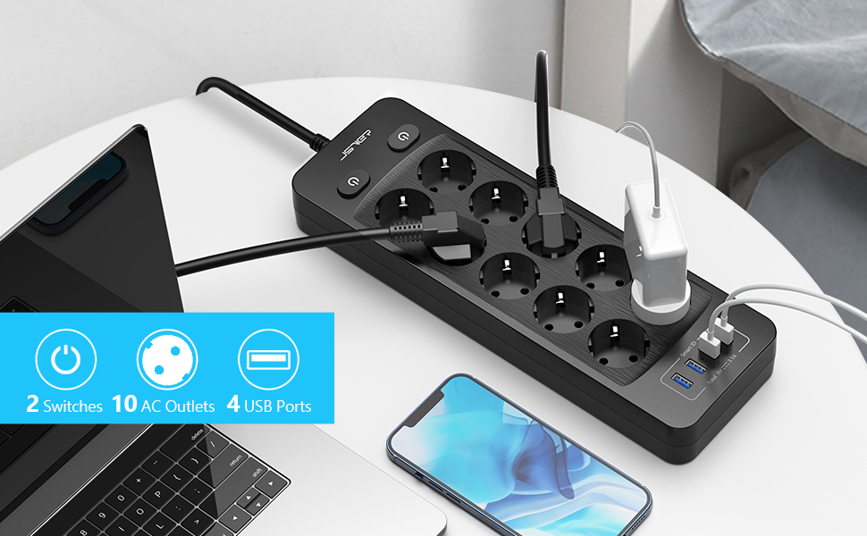 Мережева розетка JSVER 10 з USB, 4 порти зарядки, 16A, з вимикачем, 2м кабель, для смартфонів, ноутбуків, iPad – білий/чорний