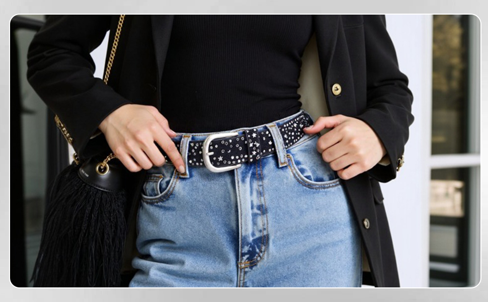 Жіночий шкіряний ремінь 110 см з зірковими заклепками, ширина 3.8 см, для джинсів, суконь, штанів та шортів, регульований, вінтажний, з металевою пряжкою, чорний