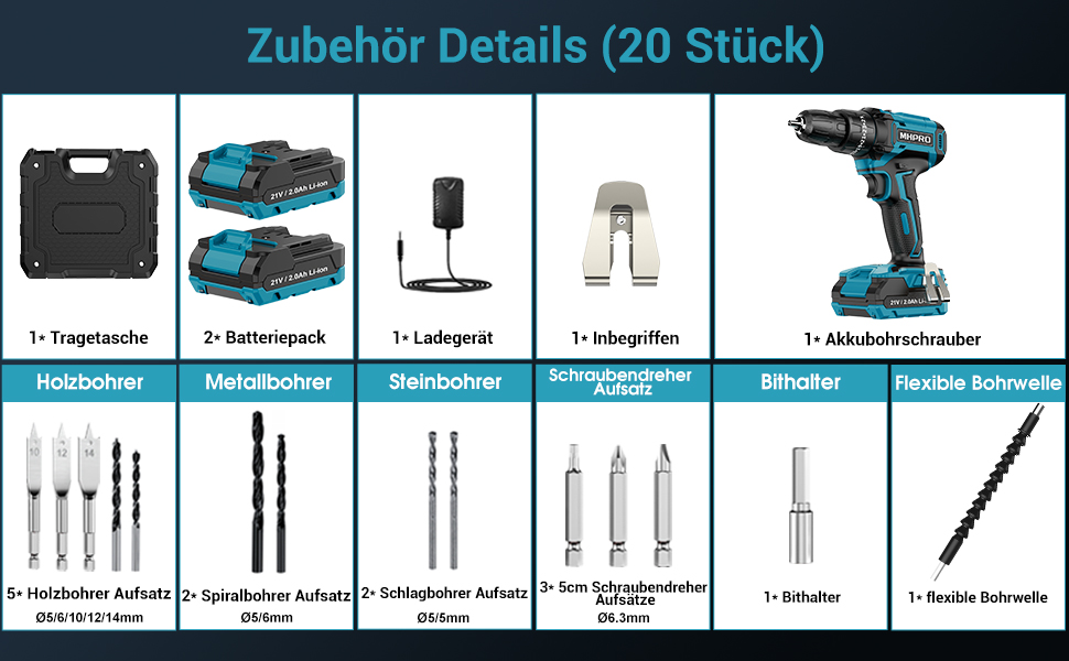 Акумуляторний шуруповерт MHPRO 21V з 2 акумуляторами 2.0Ah, 42Nm, 25+3 ступені крутного моменту, LED, 10мм патрон, 14-ти частинний набір для дому та саду
