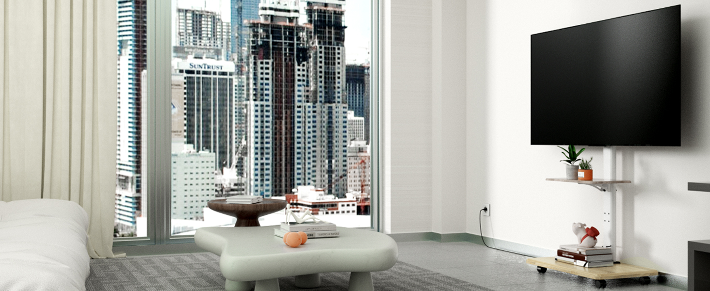 Підставка для телевізора Delphos Mobiler TV Stand - роликова, з дерев'яною основою, для телевізорів 32-70 дюймів, до 45 кг, регульована висота до 130 см, поворотна ±25°, VESA 600x400, біла