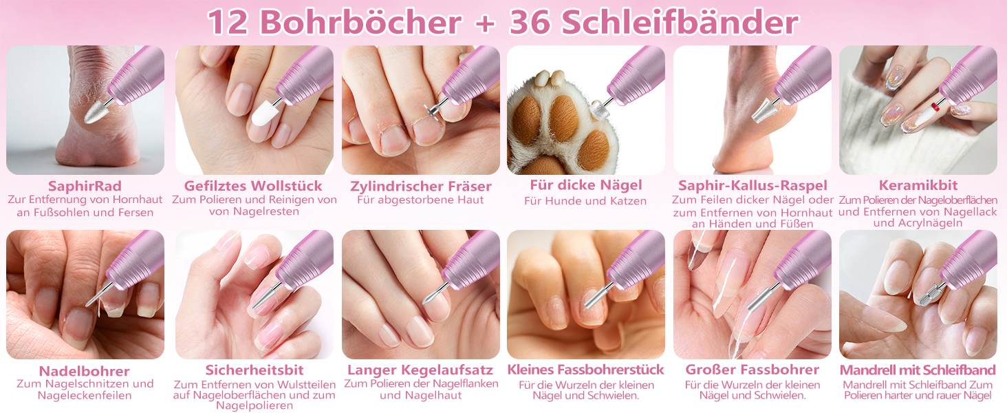 Електричний фрезер для нігтів Nagelfräser 45.000 об/хв - 14 в 1 для гелю, акрилу, манікюру та педикюру, 6 швидкостей, акумуляторний, рожеве золото