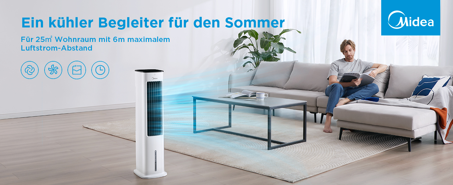 Midea 4-in-1 Portable Air Conditioner, Tower Fan with Water Cooling & Humidifier - Mobile Air Cooler with 5L Water Tank, 355m³/h Airflow, Ionizer, Remote Control (55W, White)