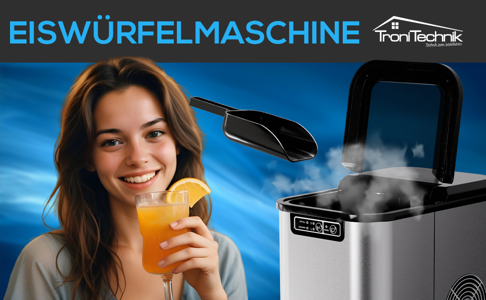 Льодогенератор Tronitechnik 12 кг/24год, резервуар 2.2л, 2 розміри льоду, самоочищення, нержавіюча сталь (срібний)