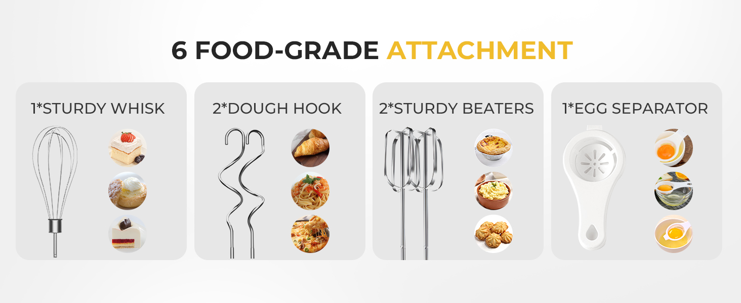 Електричний ручний міксер 400 Вт з 6 швидкостями та Turbo Boost, з набором аксесуарів, нержавіюча сталь, білий