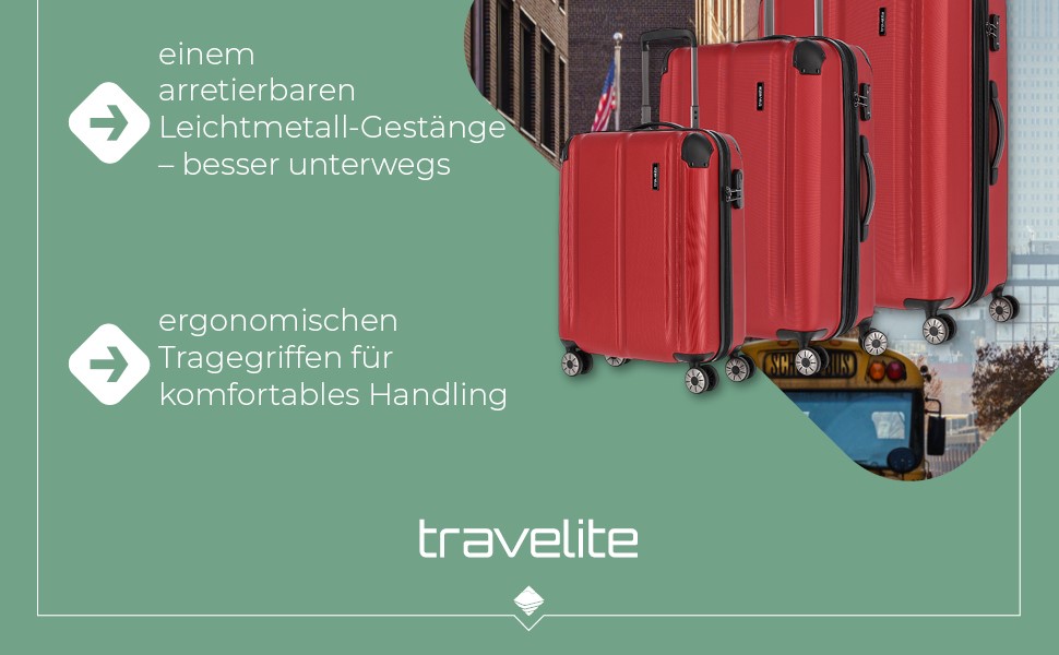 Дорожній валізний чемодан Travelite City 55 см, 40-45 л, жорсткий корпус, 4 колеса, для ручної поклажі, з розширенням і функцією насадки, червоний, захист від подряпин