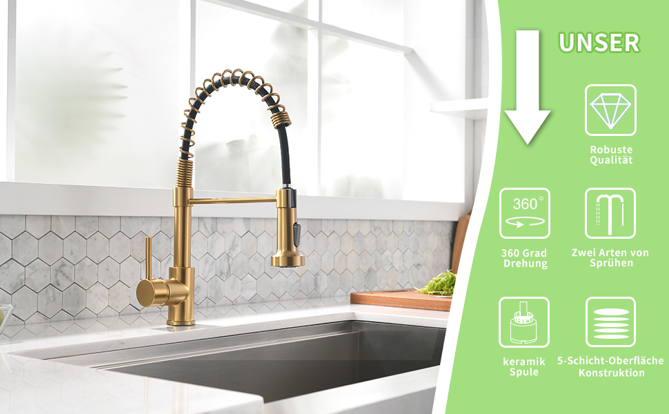 Кухонний змішувач AIMADI висувний, високого тиску, з 2 режимами (струя та туман), поворотний на 360°, однолеверний для кухонної мийки (золото)