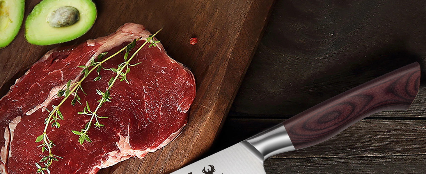 HOSHANHO 20 см кухонний ніж для приготування їжі, професійний японський шеф-ніж з нержавіючої сталі з вуглецевим покриттям та ергономічною дерев'яною ручкою